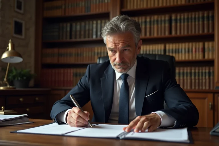 Notaire français en costume marine examinant des documents fiscaux relatifs à l'article 790 G du CGI dans son étude