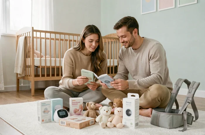 Couple de jeunes parents découvrant les derniers accessoires de puériculture dans une chambre de bébé scandinave