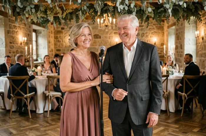Parents du marié partageant un discours émouvant ensemble lors d'un mariage en château