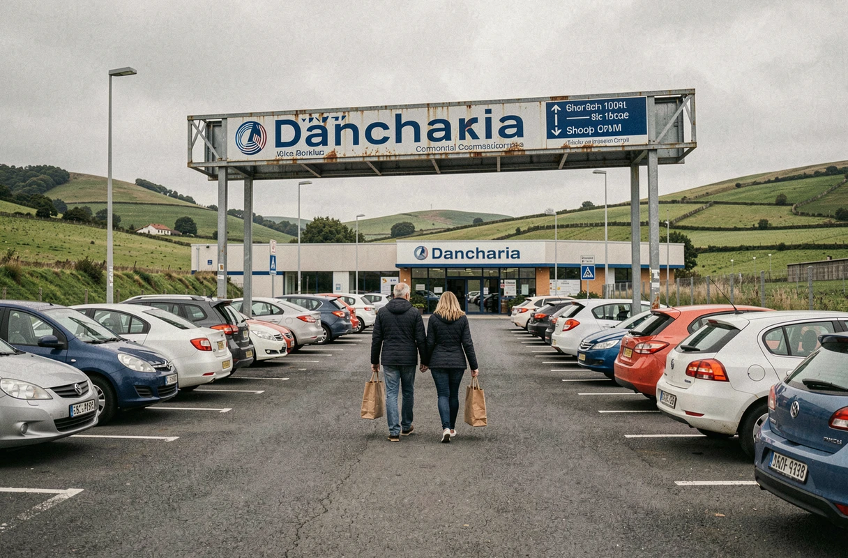Parking et entrée du centre commercial de Dancharia ouvert le dimanche avec des visiteurs