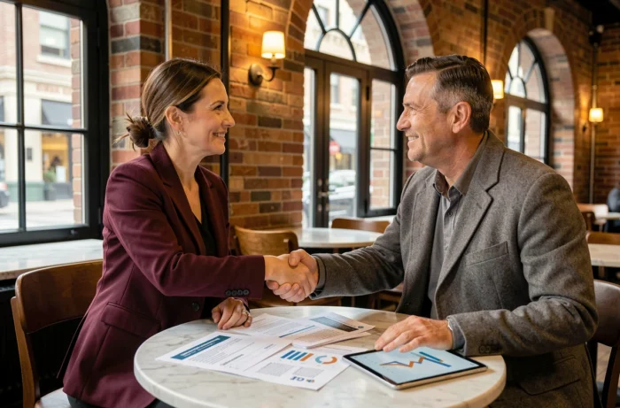 Deux professionnels concluant un partenariat B2B autour de propositions marketing dans un café urbain élégant