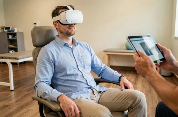 Patient portant un casque VR thérapeutique lors d'une séance de rééducation en centre de soins