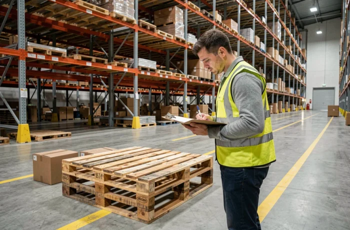 Entrepôt logistique avec palettes vides symbolisant la rupture de stock de produits ménagers comme Domestos en période de pénurie