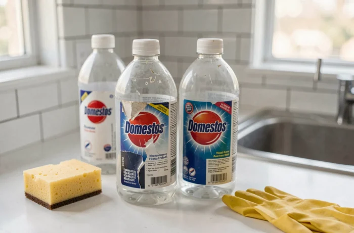 Flacons de javel ménagère presque vides sur un plan de travail de cuisine, illustrant la pénurie de Domestos et la raréfaction des produits désinfectants