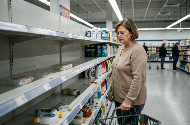 Rayon de supermarché presque vide de produits ménagers Domestos, femme perplexe devant des étagères dégarnies lors d'une pénurie