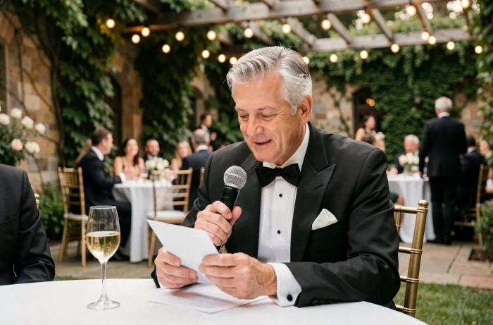 Père du marié lisant un discours touchant lors d'un mariage en plein air dans un jardin