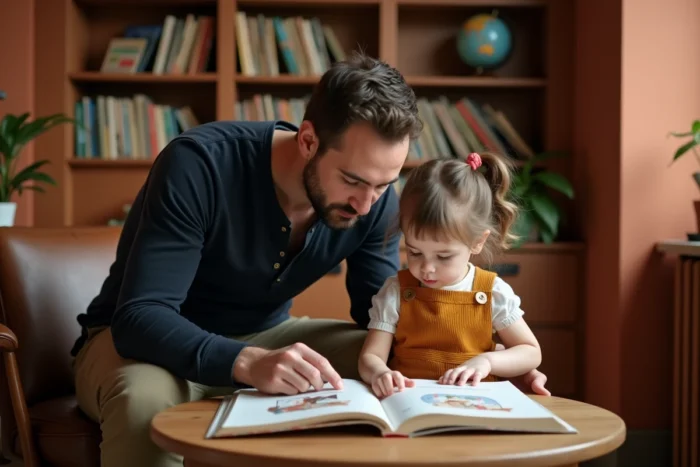 Père et fillette lisant ensemble un livre illustré dans un coin bibliothèque chaleureux, moment de partage culturel pour le développement cognitif de l'enfant