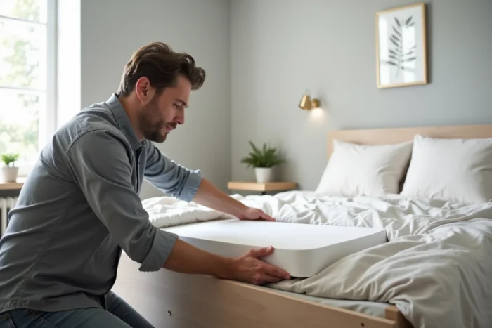 Père ajustant les draps d'un petit lit cododo 50x90 cm installé contre un lit adulte dans une chambre parentale moderne et épurée