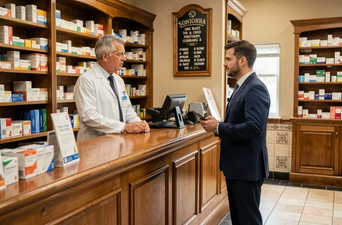 Pharmacien discutant du transfert de pharmacie avec un conseiller professionnel au comptoir de dispensation