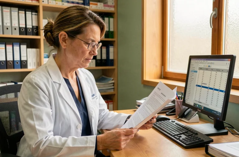 Pharmacienne examinant des documents juridiques pour le transfert de sa pharmacie dans un bureau professionnel