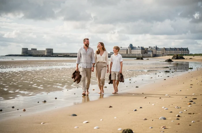 Famille se promenant pieds nus sur la plage du Sillon à Saint-Malo avec les remparts en arrière-plan