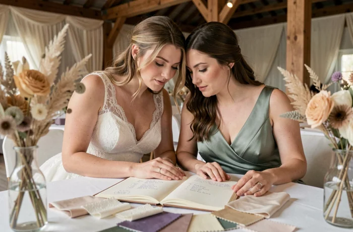 Mariée et sa demoiselle d'honneur mariée planifiant ensemble le mariage autour d'un carnet de notes dans une salle de réception élégante