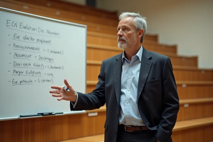 Professeur de médecine expliquant le système de classement de l'ECN dans un amphithéâtre universitaire français