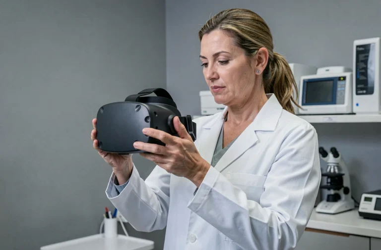 Professionnelle de santé tenant un casque de réalité virtuelle thérapeutique dans un cabinet médical