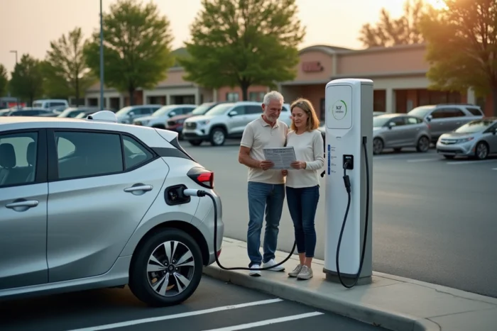 Couple découvrant la recharge d'une voiture hybride rechargeable branchée à une borne de recharge publique dans un parking de banlieue