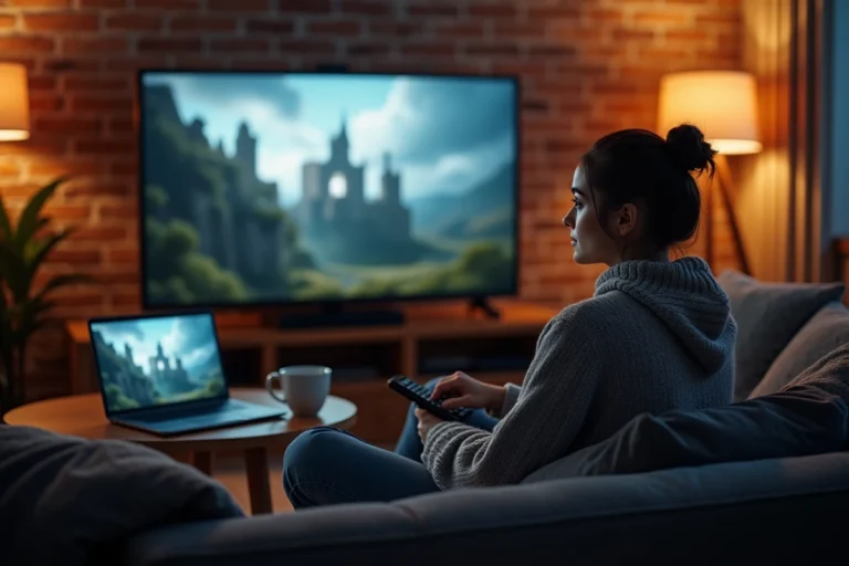 Jeune femme regardant Game of Thrones en streaming sur sa télévision dans un salon moderne et cosy