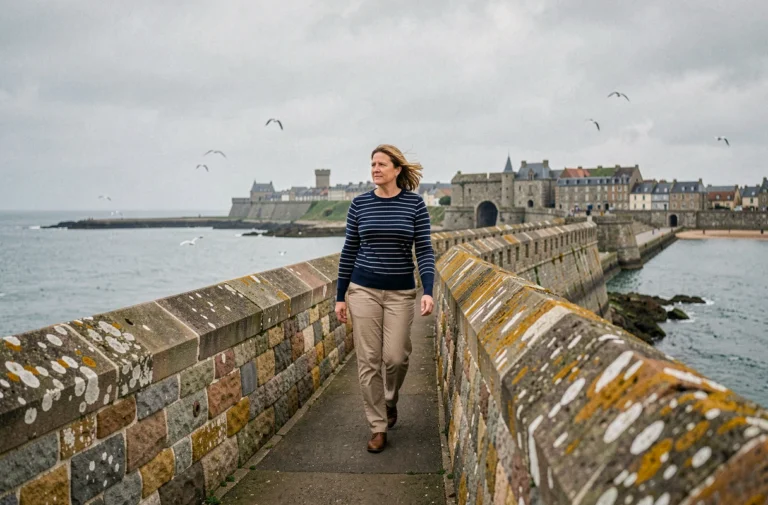 Femme se promenant sur les remparts de Saint-Malo avec vue sur la mer et la vieille ville intra-muros