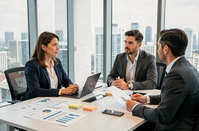Équipe B2B en réunion professionnelle autour d'une table de conférence avec rapports et ordinateur portable