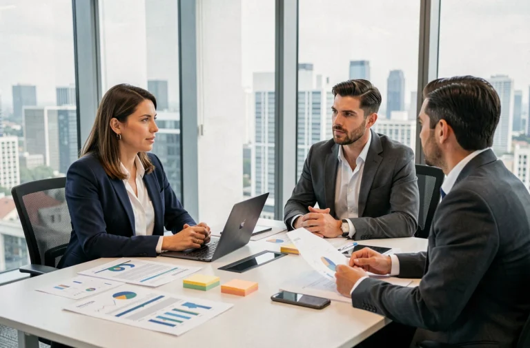 Équipe B2B en réunion professionnelle autour d'une table de conférence avec rapports et ordinateur portable