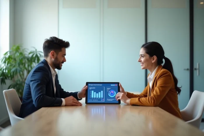 Deux professionnels consultant un tableau de bord de portefeuille blockchain et diversification d'actifs numériques en réunion