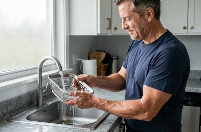 Homme rinçant le panier amovible d'une friteuse sous l'eau du robinet dans une cuisine contemporaine