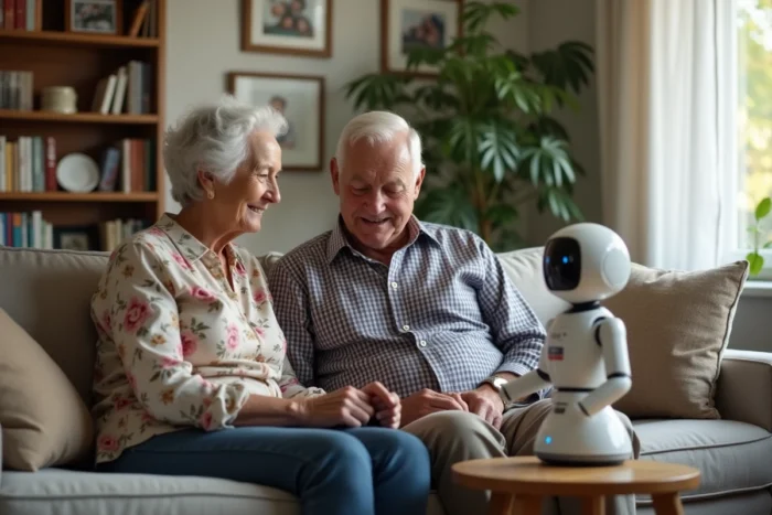 Un couple de seniors interagit avec un robot compagnon de type assistant dans leur salon confortable