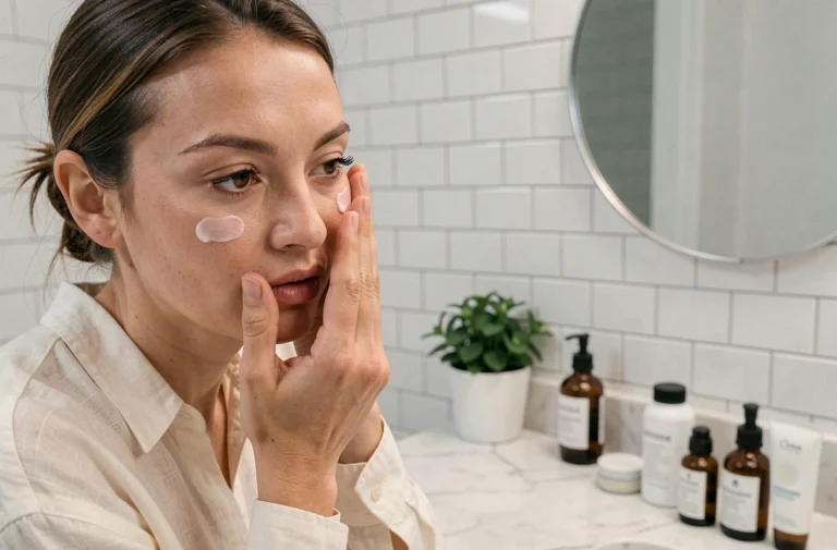 Femme appliquant une crème hydratante devant un miroir dans une salle de bain minimaliste, routine beauté quotidienne naturelle