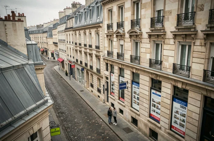 Vue de rue parisienne avec couple devant une vitrine d'agence immobilière et panneaux à vendre dans le 11e arrondissement