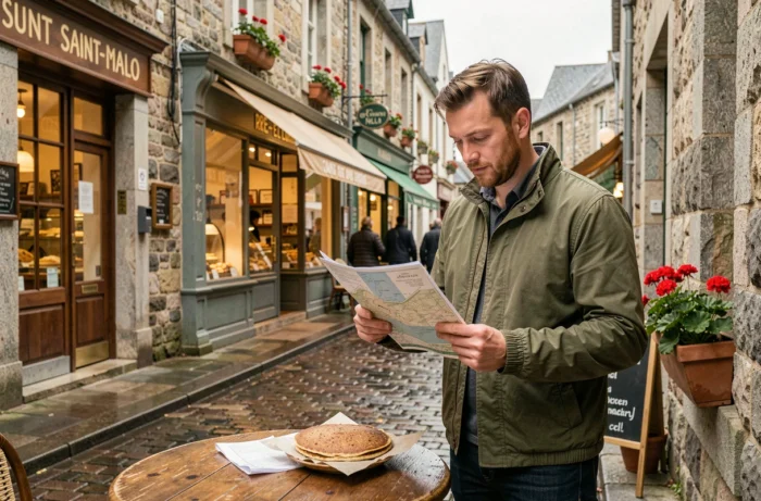 Homme dégustant une galette bretonne dans une rue pavée de Saint-Malo intra-muros devant une crêperie locale