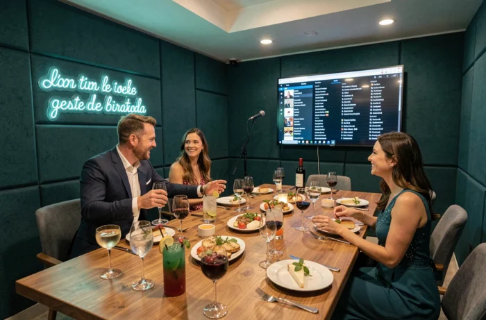 Salle privée de karaoké décorée pour un anniversaire dans un restaurant lyonnais avec écran et néons