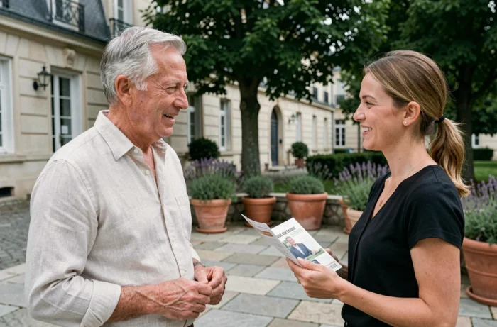 Senior homme discutant d'offres de services avec une conseillère dans un espace extérieur convivial