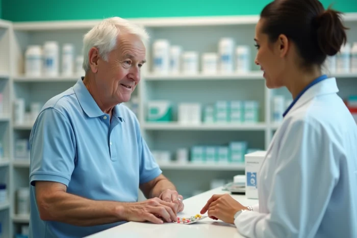 Homme senior en discussion avec une pharmacienne à propos des effets indésirables d'un complément vitaminé