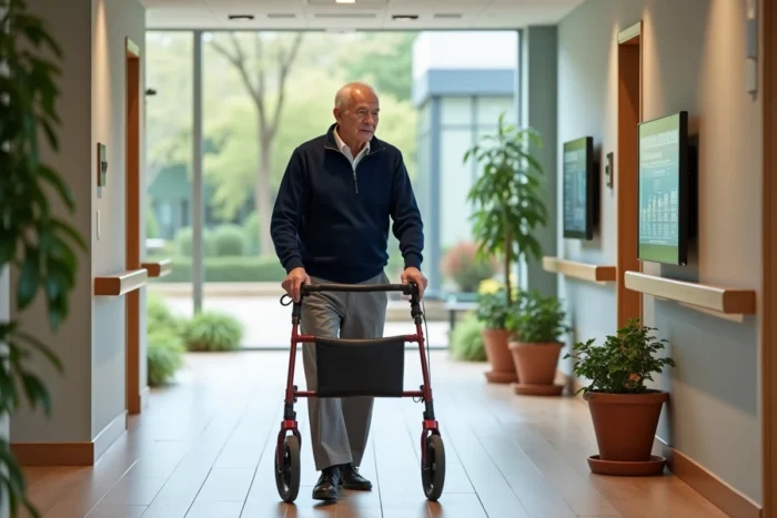 Un homme âgé utilise un déambulateur ergonomique moderne dans le couloir lumineux d'une résidence senior équipée