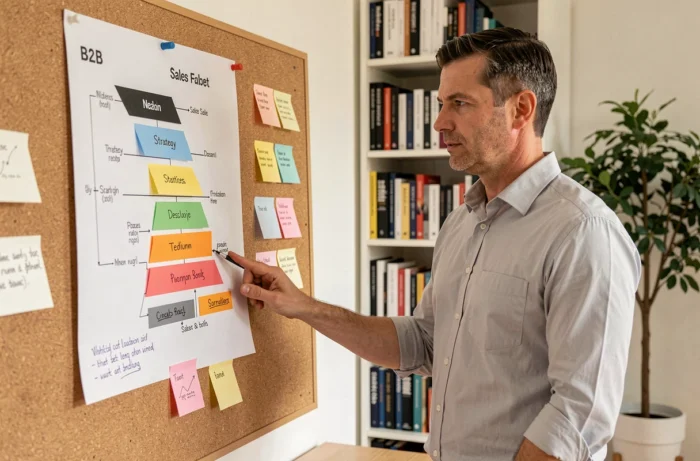 Professionnel B2B analysant une stratégie commerciale et un entonnoir de vente sur un tableau d'affichage