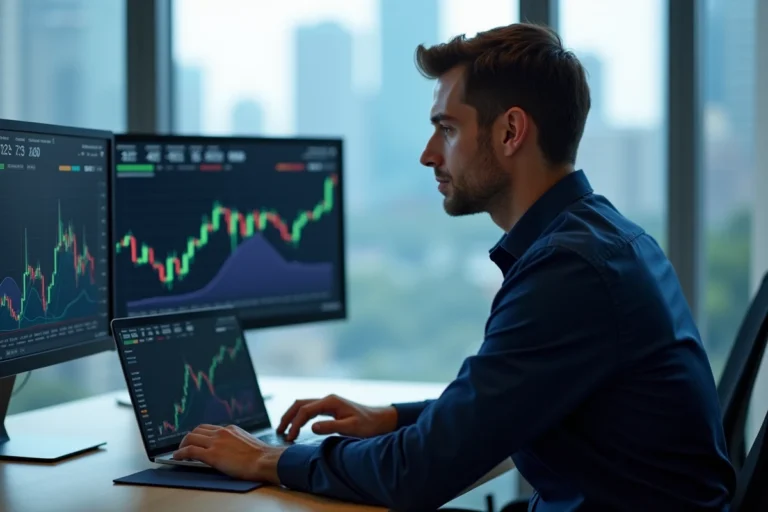 Professionnel analysant une stratégie de diversification avec des graphiques de cryptomonnaies et blockchain sur écrans en bureau