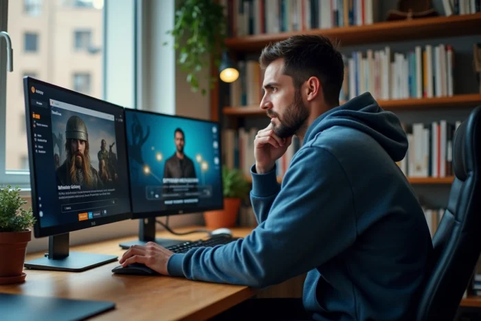 Homme cherchant comment regarder Game of Thrones gratuitement en streaming sur son ordinateur à domicile