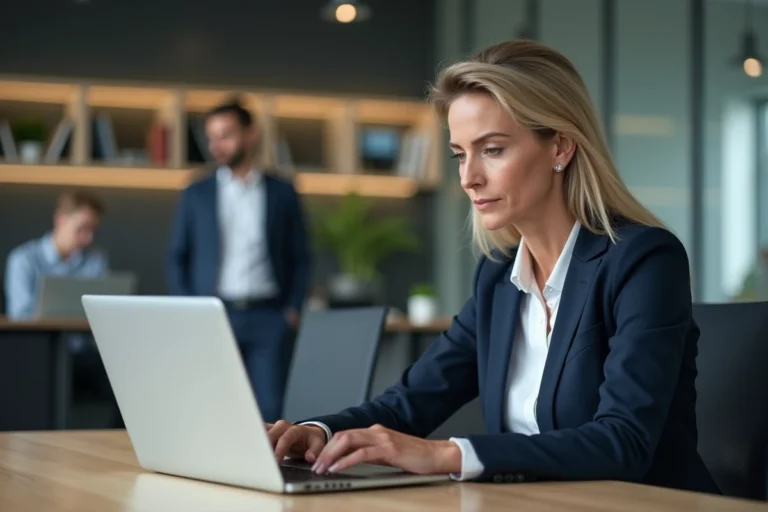 Professionnelle consultant son dossier CNAPS en ligne sur un ordinateur portable dans un bureau moderne