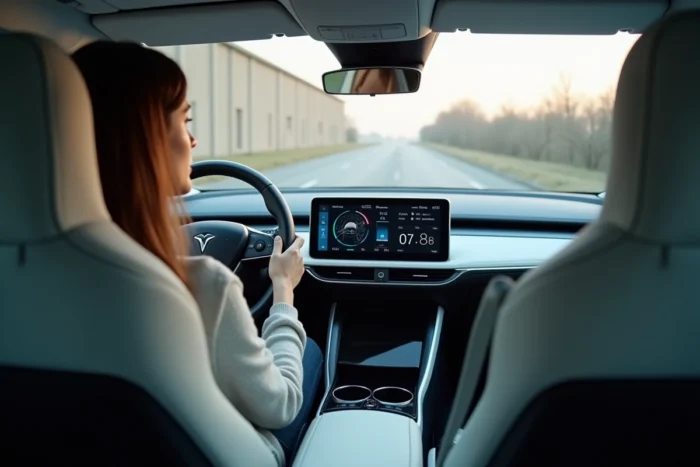 Conductrice consultant l'écran de bord d'une voiture hybride affichant le flux énergétique entre moteur électrique et moteur thermique en temps réel