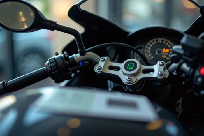 Gros plan sur le tableau de bord numérique et les commandes d'une Yamaha R6 en concession, avec documents administratifs évoquant les démarches pour le permis A2