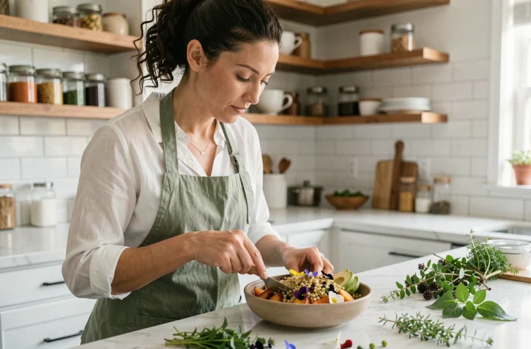 Femme qui dresse un bol de céréales coloré avec légumes rôtis et fleurs comestibles dans une cuisine moderne