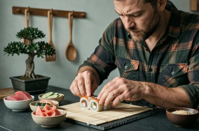 Homme préparant des rouleaux de sushi maison sur un plan de travail en ardoise avec des ingrédients frais et colorés
