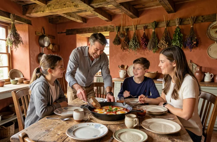Famille réunie autour d'une table rustique pour partager un shakshuka dans une poêle en fonte avec du pain au levain