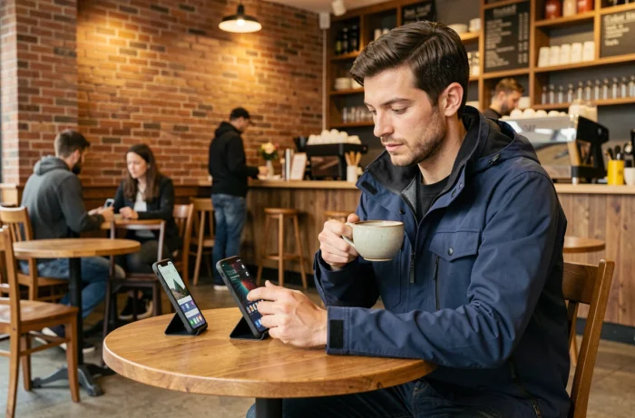 Homme évaluant deux smartphones dans un café urbain avec une atmosphère authentique