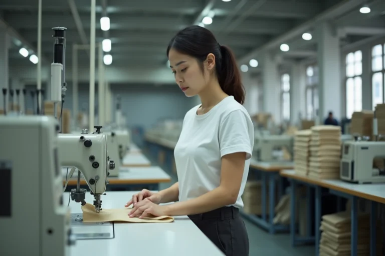 Ouvrière cousant des vêtements dans une usine textile chinoise pour la marque Temu