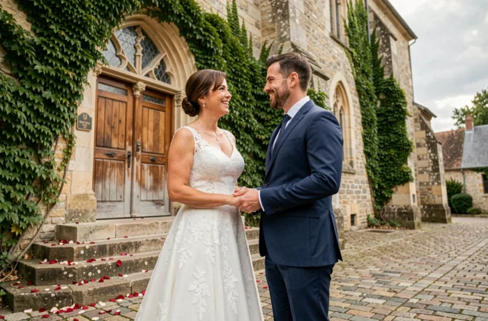 Couple élégant lors d'une cérémonie de mariage devant une église en pierre en France, robe de mariée en dentelle et costume marine