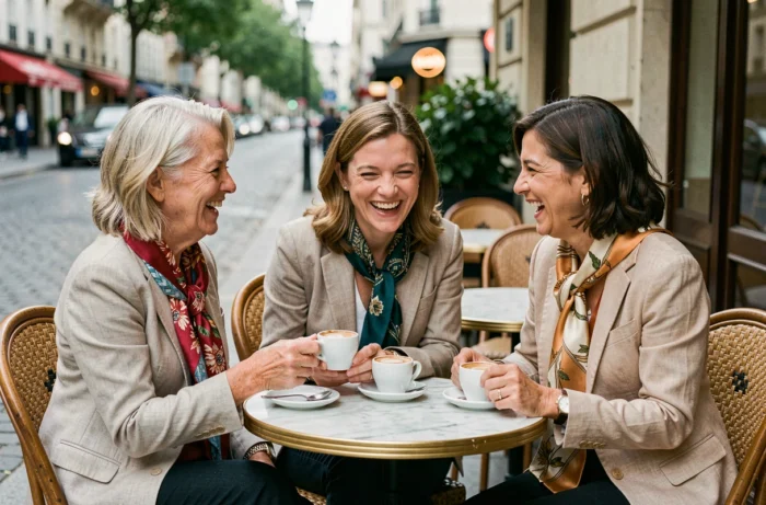 Trois femmes françaises partageant des témoignages et rires autour d'un café en terrasse parisienne, ambiance amicale et complice