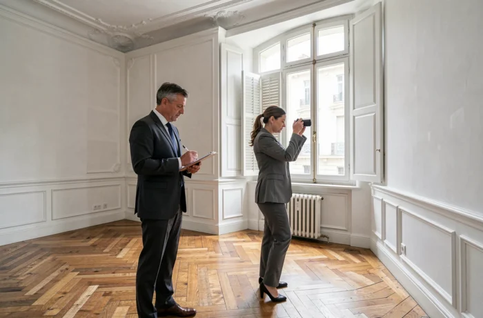 Deux professionnels de l'immobilier en visite d'un appartement haussmannien à Toulouse, inspectant les détails architecturaux