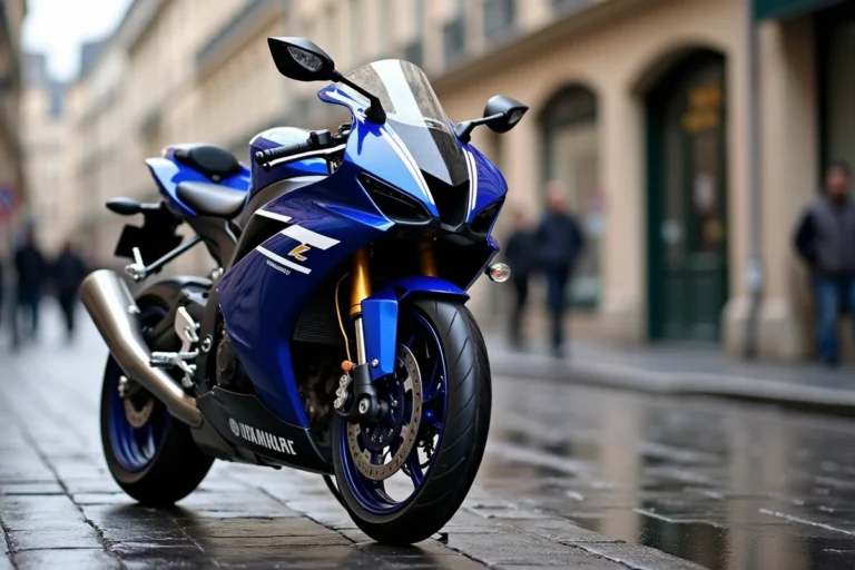 Yamaha R6 garée sur un pavé mouillé dans une rue parisienne, vue 3/4 avant mettant en valeur le carénage sportif bleu et blanc